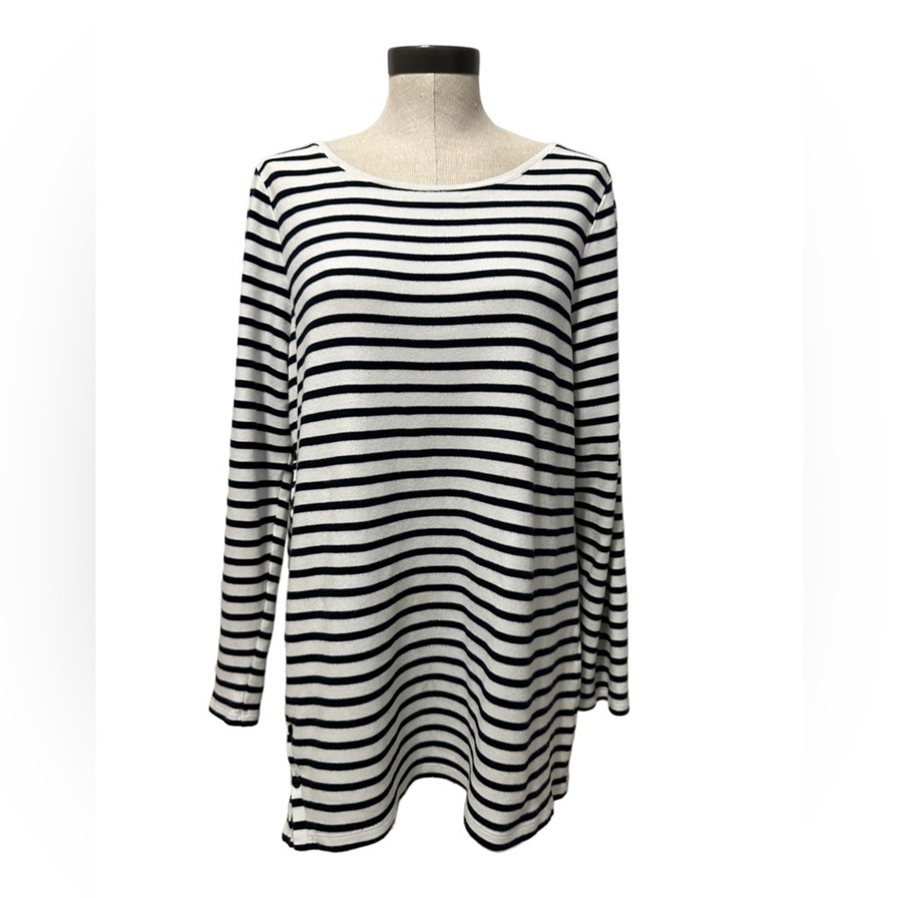 Chico’s Black & White Striped Pima Cotton Tunic Ling Sleeve Pullover Top Size L